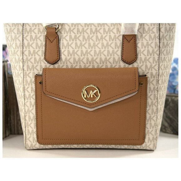 Michael Kors Joey Vanilla Monogram Acorn Leather Pocket Travel Tote NWT - Picture 2 of 7